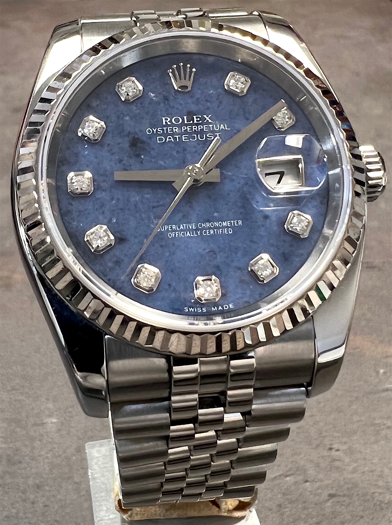 Mens Rolex 36 mm Datejust Navy Blue Diamond Dial 18k White Gold & Steel  Watch